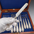 1876 British antique sterling silver blade and white mother of pearl handle cutlery set of 6 in wooden box by James Dixon & Sons